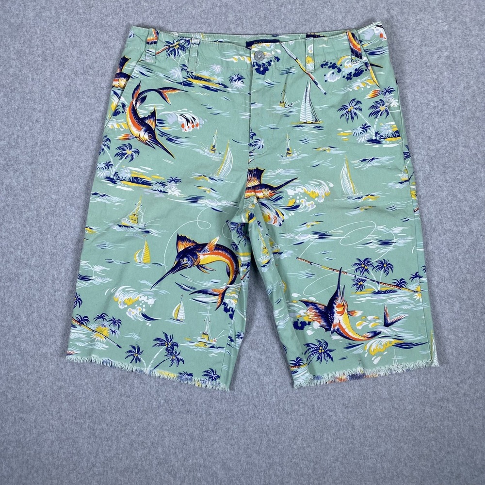 Polo Ralph Lauren Shorts Boys 18 Green Marlin Sailboat Tropical Frayed Hem